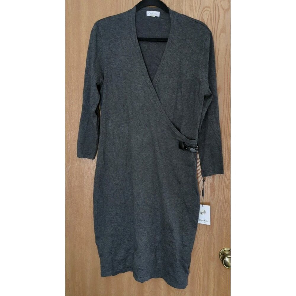 Calvin Klein Womens Size L Gray Buckle Faux-Wrap Sweater Dress New With Tags